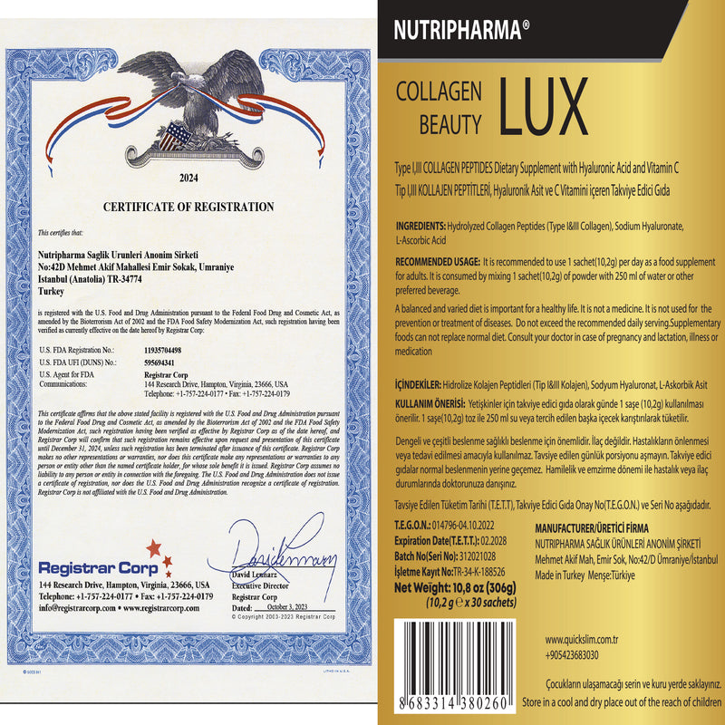 NUTRIPHARMA COLLAGEN BEAUTY LUX, Supplément de Collagène, 30 sachets, Sans Saveur