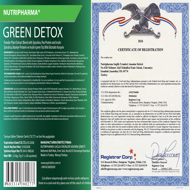 NUTRIPHARMA GREEN DETOX Super Foods, 30 sachets, Pineapple Flavor
